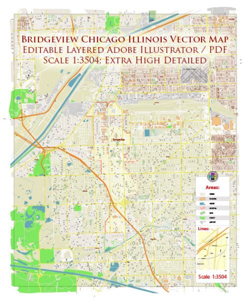 Bridgeview Illinois Chicago US City Vector Map Exact High Detailed