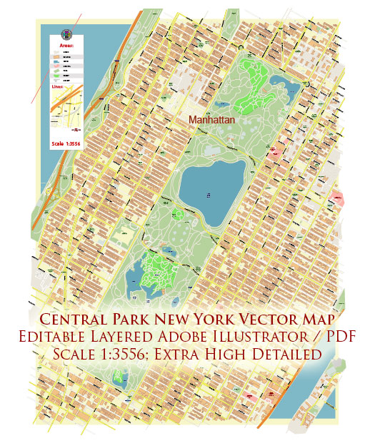 Central Park New York City US City Vector Map Exact High Detailed editable Adobe Illustrator Street Map in layers