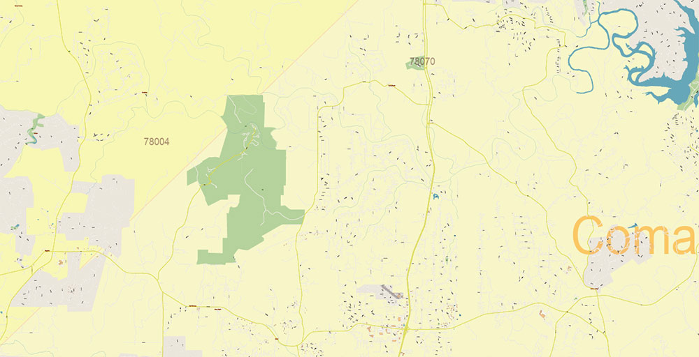 Comal County Texas US New Braunfels PDF Vector Map: Accurate Roads Plan High Detailed Street Map + Counties + Zipcodes editable Adobe PDF in layers