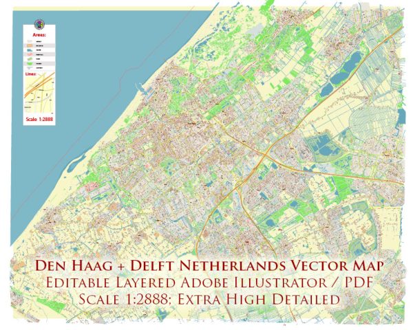 Den Haag + Delft Netherlands City Vector Map Exact High Detailed editable Adobe Illustrator Street Map in layers