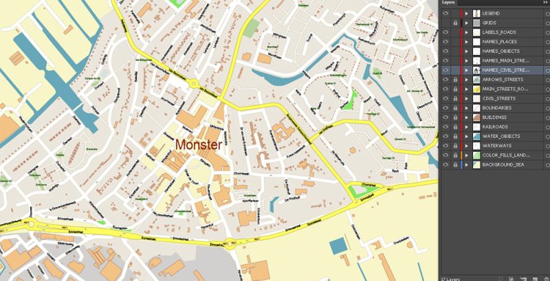 Den Haag + Delft Netherlands City Vector Map Exact High Detailed editable Adobe Illustrator Street Map in layers