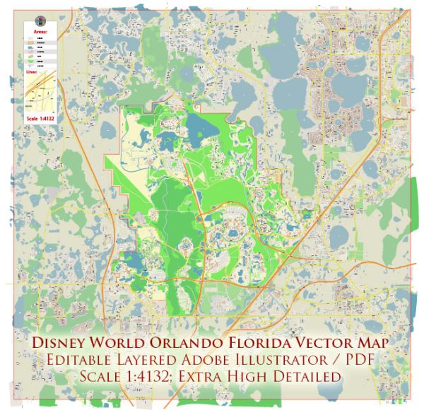 Walt Disney World Orlando Florida US City Vector Map Exact High Detailed Urban Plan editable Adobe Illustrator Street Map in layers