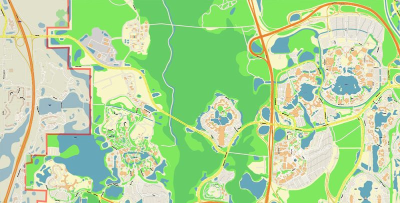 Walt Disney World Orlando Florida US City Vector Map Exact High Detailed Urban Plan editable Adobe Illustrator Street Map in layers