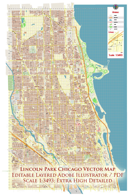Lincoln Park Chicago Illinois US PDF City Vector Map Exact High Detailed editable Adobe PDF Street Map in layers