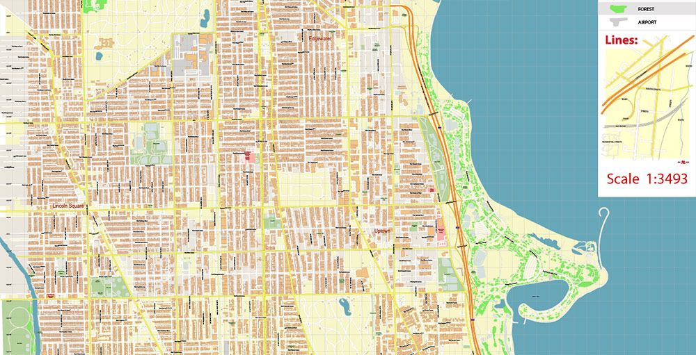 Lincoln Park Chicago Illinois US City Vector Map Exact High Detailed editable Adobe Illustrator Street Map in layers