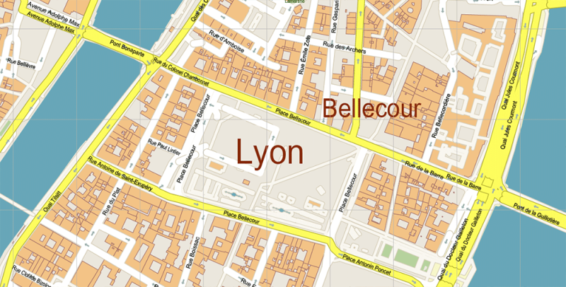 Lyon France City Vector Map Exact High Detailed editable Adobe Illustrator Street Map in layers