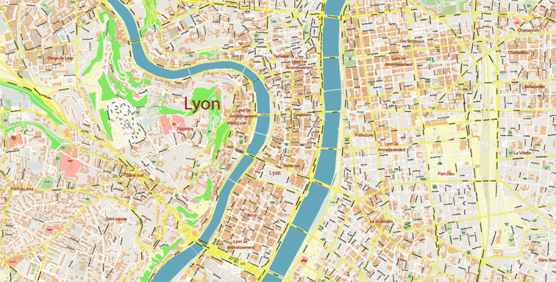 Lyon France City Vector Map Exact High Detailed editable Adobe Illustrator Street Map in layers