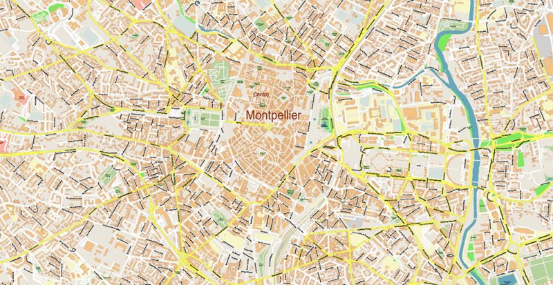 Montpellier France City Vector Map Exact High Detailed Urban Plan editable Adobe Illustrator Street Map in layers
