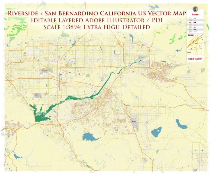 Riverside + San Bernardino California US City Vector Map Exact High ...