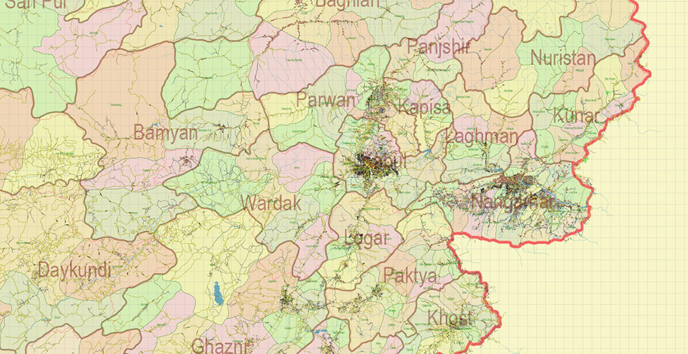 Afghanistan Full Map Vector Exact High Detailed: All Roads All Cities + Admin areas editable Adobe Illustrator Road Map in layers