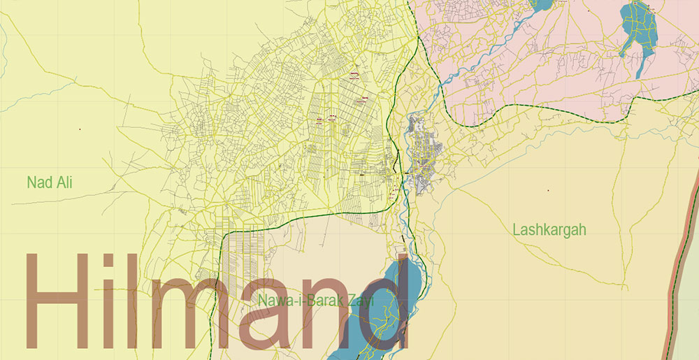 Afghanistan Full PDF Map Vector Exact High Detailed: All Roads All Cities + Admin areas editable Adobe PDF Road Map in layers