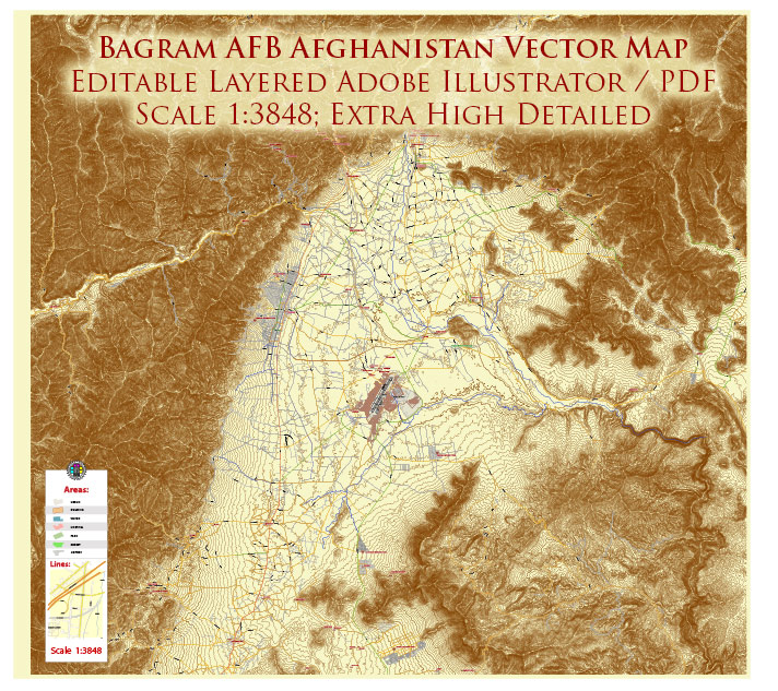 Bagram Air Force Base Afghanistan PDF City Vector Map Exact High Detailed editable Adobe PDF Street Map in layers