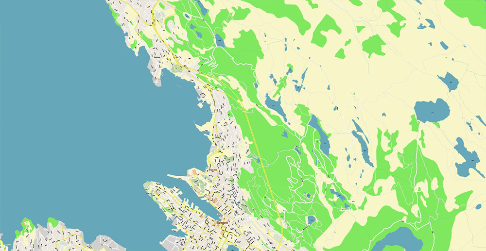 Bergen Norway City Vector Map Exact High Detailed editable Adobe Illustrator Street Map in layers