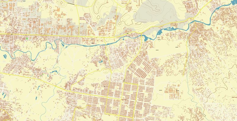 Kabul Afghanistan City Vector Map Exact High Detailed editable Adobe Illustrator Street Map + Relief Topo in layers