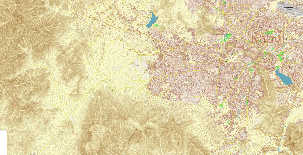 Kabul Afghanistan PDF City Vector Map Exact High Detailed editable Adobe PDF Street Map + Relief Topo in layers