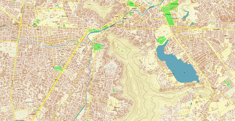 Kabul Afghanistan City Vector Map Exact High Detailed editable Adobe Illustrator Street Map + Relief Topo in layers