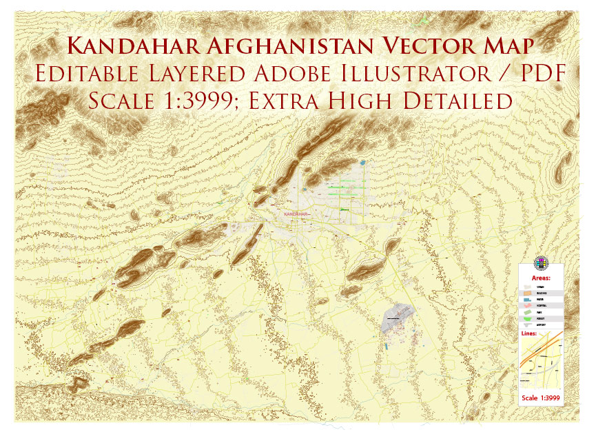Kandahar Afghanistan PDF City Vector Map Exact High Detailed editable Adobe PDF Street Map + Relief Topo in layers