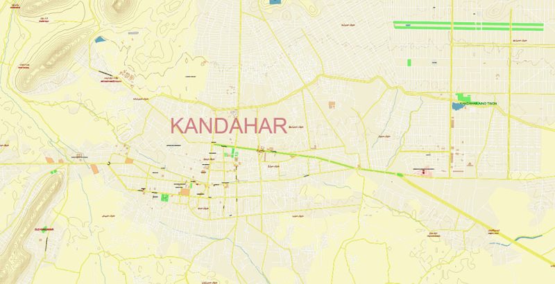 Kandahar Afghanistan City Vector Map Exact High Detailed editable Adobe Illustrator Street Map + Relief Topo in layers
