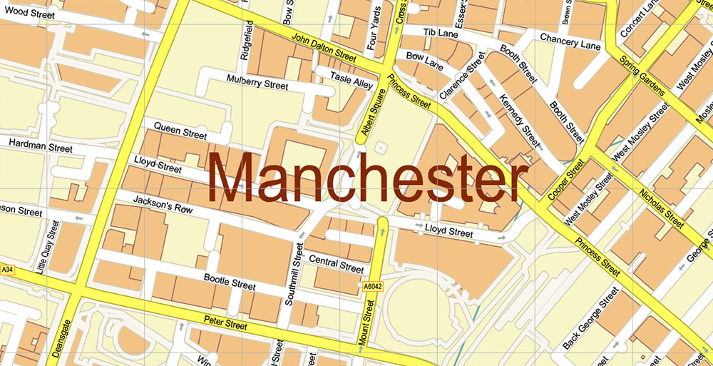 Manchester UK City Vector PDF Map Exact High Detailed editable Adobe PDF Street Map in layers