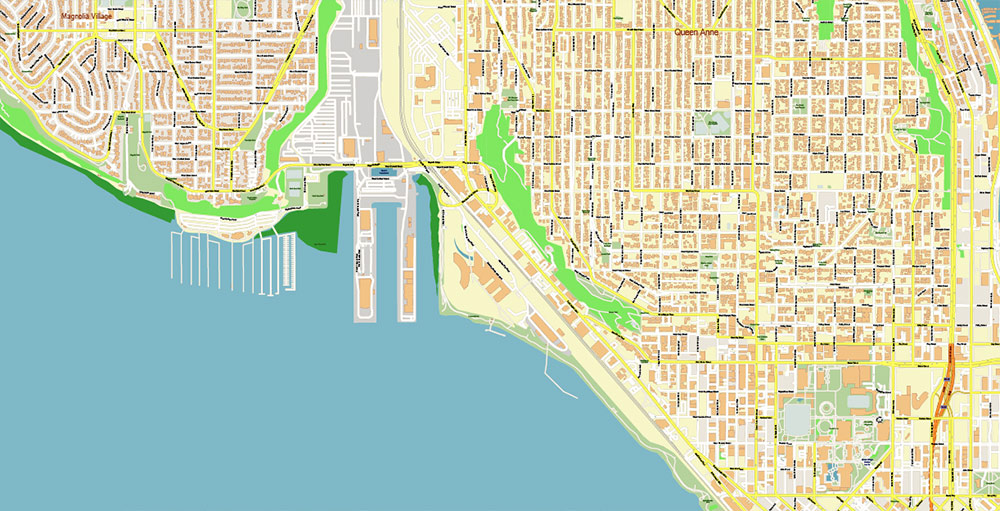 Seattle + Bellevue Washington US PDF City Vector Map Exact High Detailed editable Adobe PDF Street Map in layers