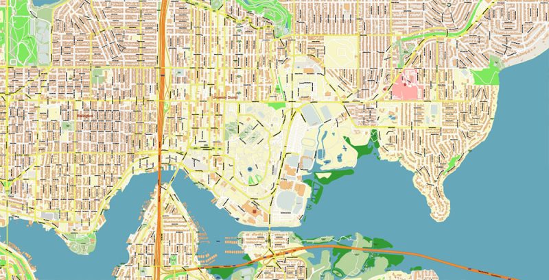Seattle + Bellevue Washington US City Vector Map Exact High Detailed editable Adobe Illustrator Street Map in layers