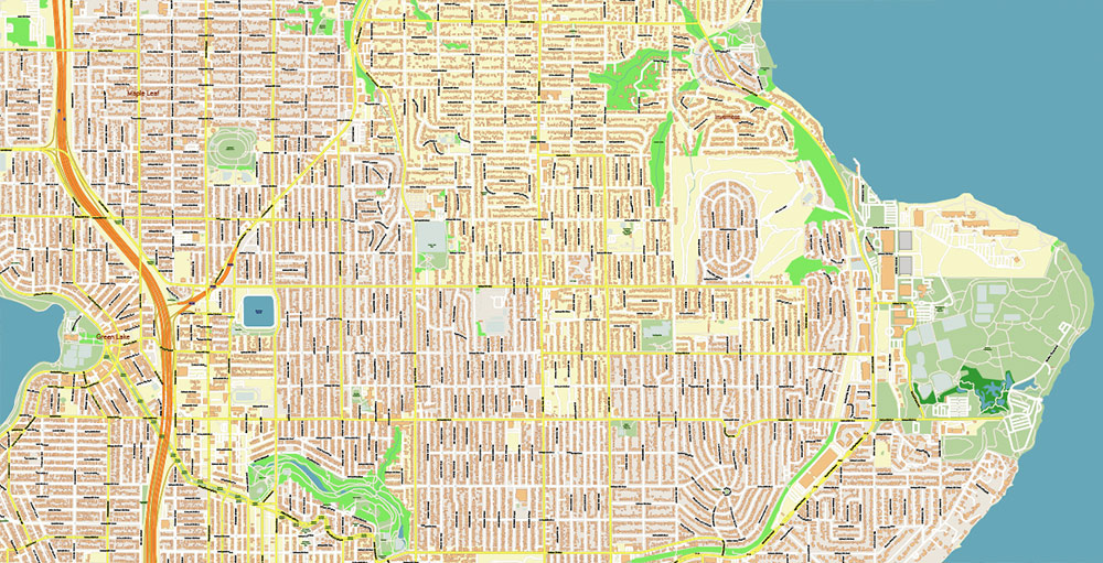 Seattle + Bellevue Washington US PDF City Vector Map Exact High Detailed editable Adobe PDF Street Map in layers
