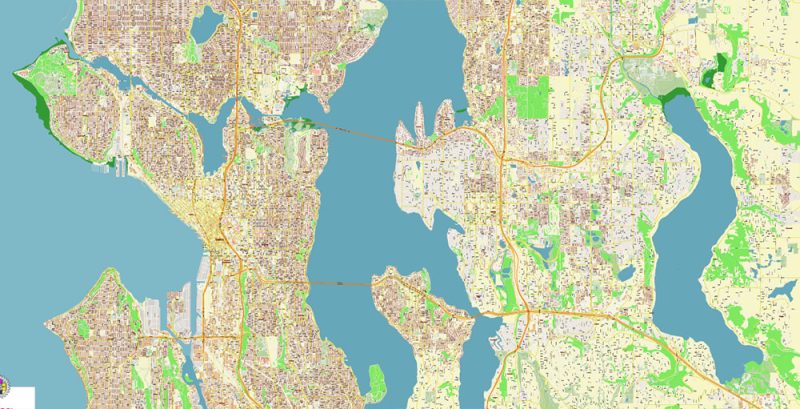 Seattle + Bellevue Washington US City Vector Map Exact High Detailed editable Adobe Illustrator Street Map in layers