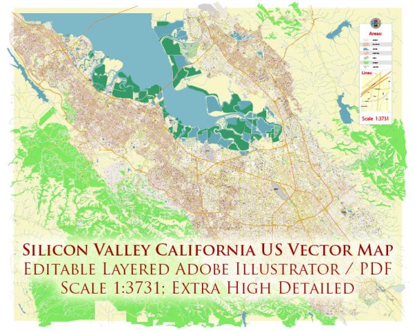 Silicon Valley California US City Vector Map Exact High Detailed editable Adobe Illustrator Street Map in layers