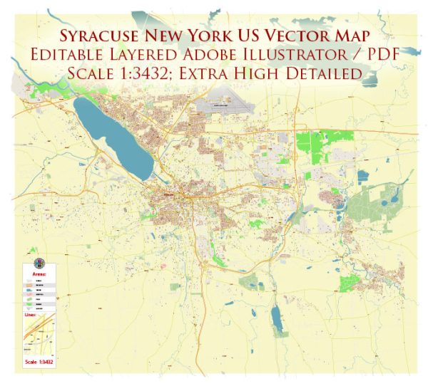Syracuse New York US City Vector Map Exact High Detailed editable Adobe Illustrator Street Map in layers
