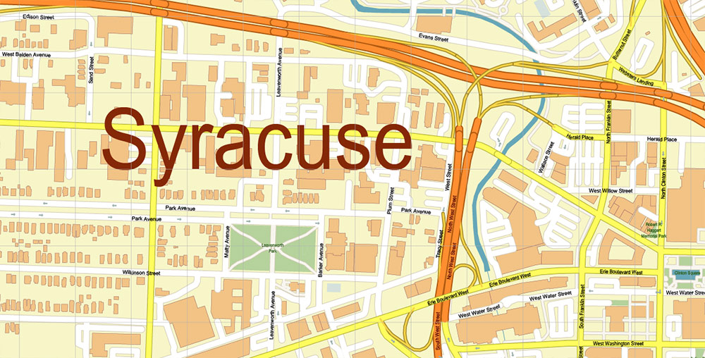 Syracuse New York US PDF City Vector Map Exact High Detailed editable Adobe PDF Street Map in layers