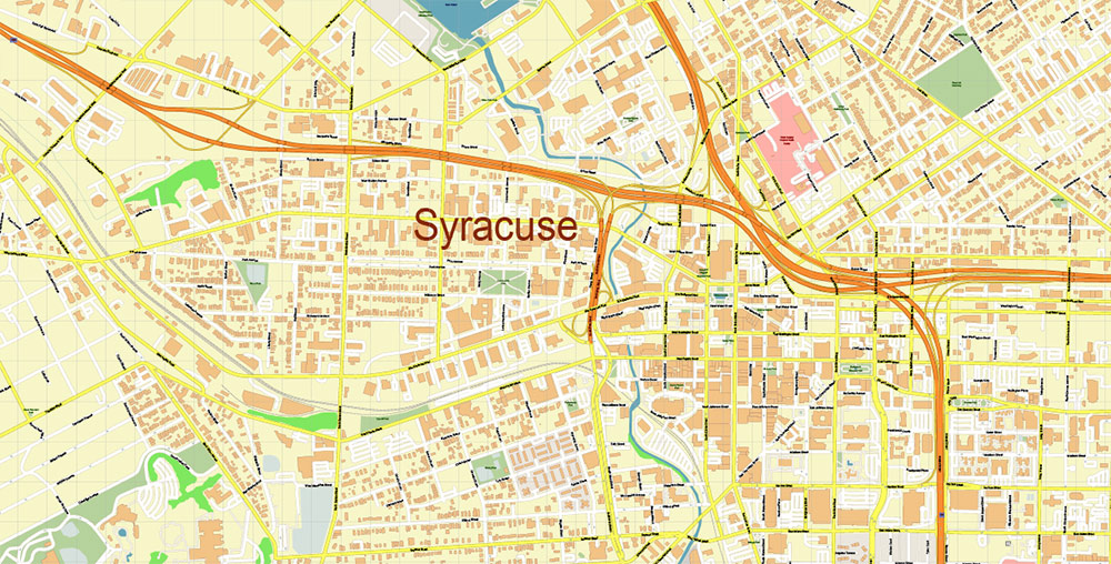 Syracuse New York US City Vector Map Exact High Detailed editable Adobe Illustrator Street Map in layers