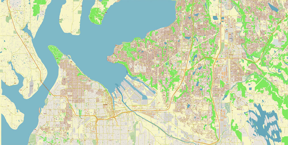 Tacoma Washington US City Vector Map Exact High Detailed editable Adobe Illustrator Street Map in layers