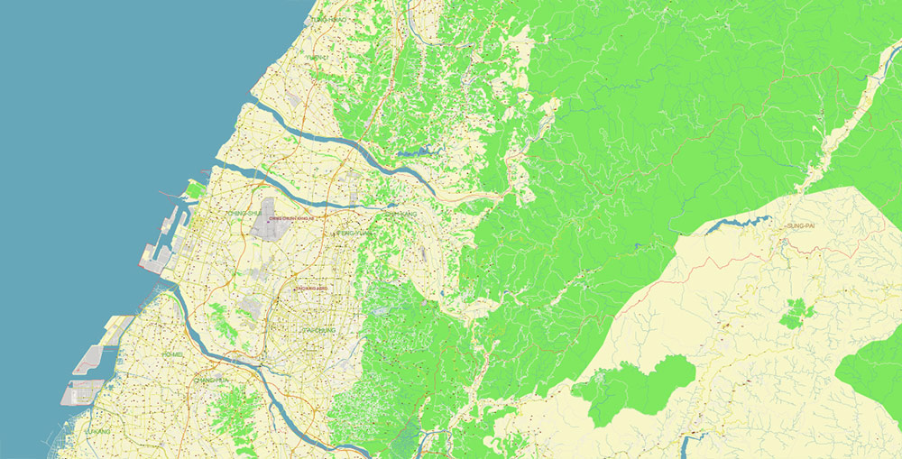 Taiwan full Country Vector Map Exact High Detailed editable Adobe Illustrator Street Road Map in layers