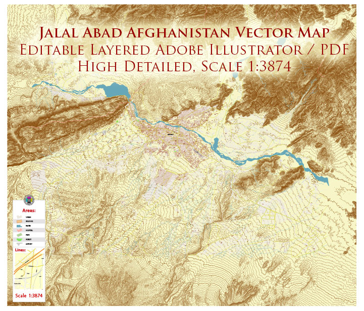 Jalal Abad Afghanistan City Vector Map Exact High Detailed editable Adobe Illustrator Relief Street Map in layers
