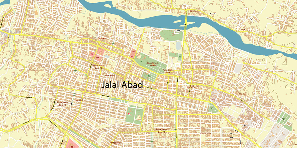 Jalal Abad Afghanistan PDF City Vector Map Exact High Detailed editable Adobe PDF Relief Street Map in layers