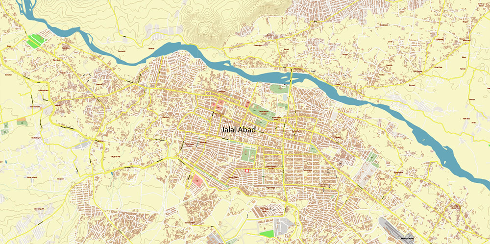 Jalal Abad Afghanistan PDF City Vector Map Exact High Detailed editable Adobe PDF Relief Street Map in layers