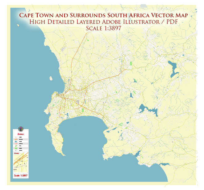 Cape Town (and surrounds) South Africa Map Vector High Detailed editable Adobe Illustrator in layers