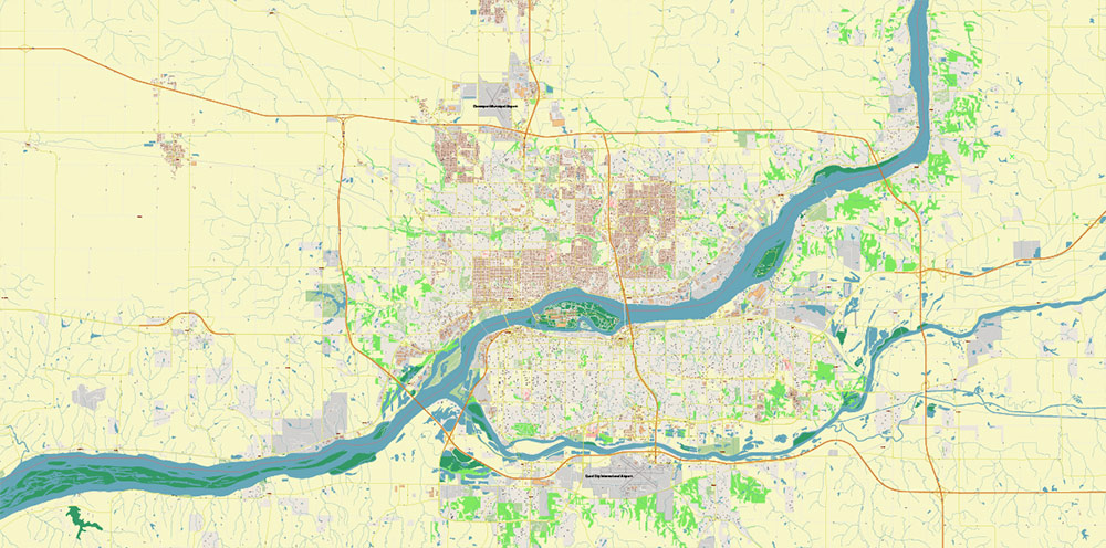Davenport Area Iowa US PDF Vector Map: High Detailed editable Adobe PDF Map (included Muscatine, Iowa City, Cedar Rapids, Moline Illinois) in layers