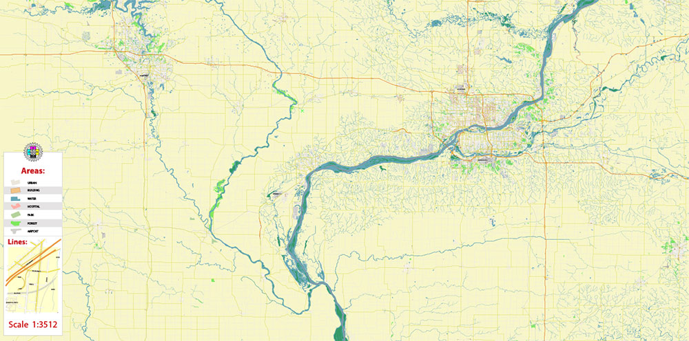 Davenport Area Iowa US Map Vector High Detailed editable Adobe Illustrator Map (included Muscatine, Iowa City, Cedar Rapids, Moline Illinois) in layers