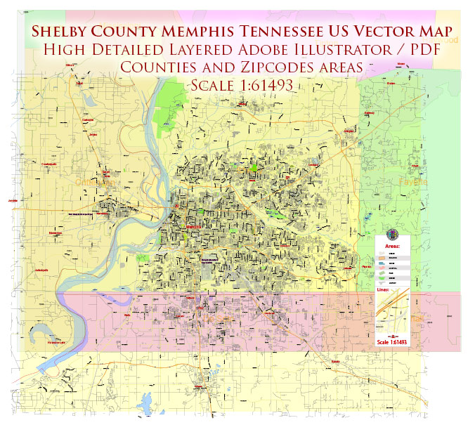 Memphis Shelby County Tennessee US Map Vector Detailed editable Adobe Illustrator in layers + Zipcodes