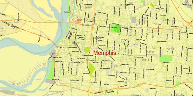 Memphis Shelby County Tennessee US Map Vector Detailed editable Adobe Illustrator in layers + Zipcodes