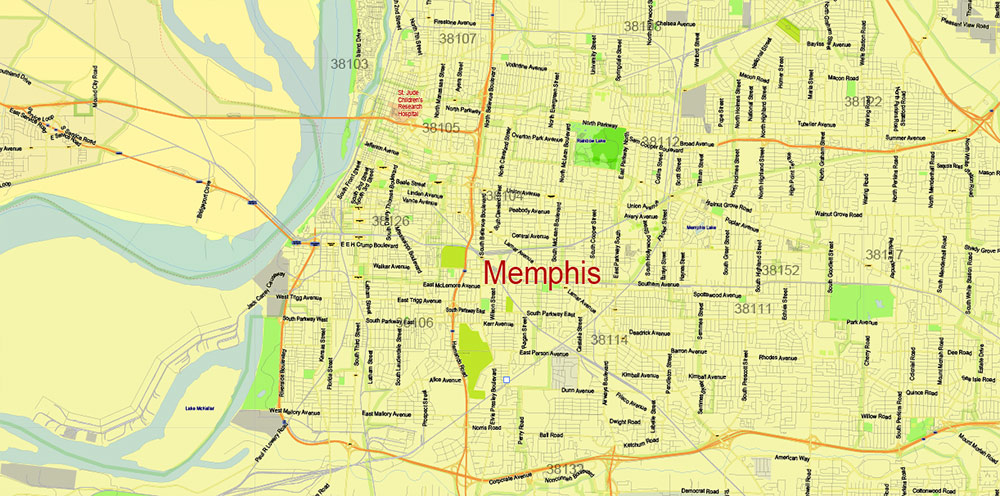Memphis Shelby County Tennessee US PDF Vector Map: Detailed editable Adobe PDF in layers + Zipcodes