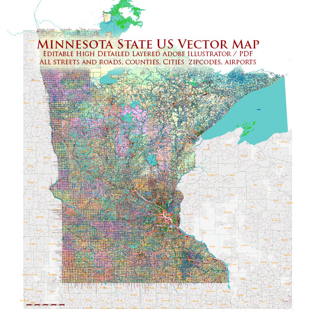 Minnesota State US Vector Map: Full Extra High Detailed (all roads, zipcodes, airports) + Admin Areas editable Adobe Illustrator in layers