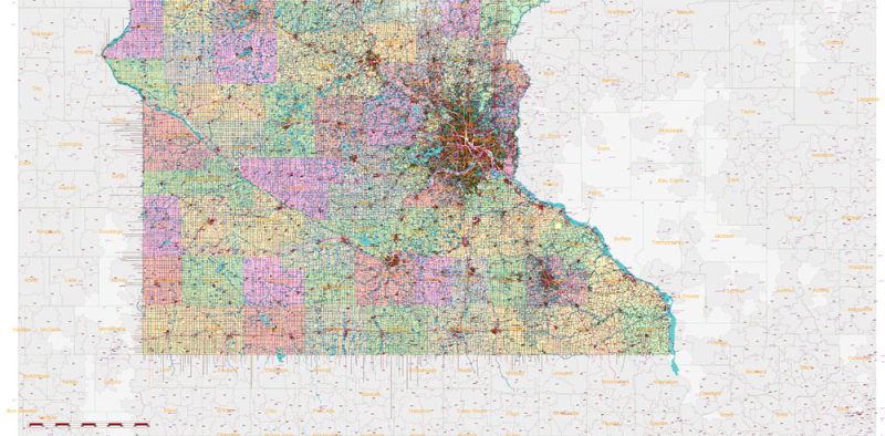 Minnesota State US Vector Map: Full Extra High Detailed (all roads, zipcodes, airports) + Admin Areas editable Adobe Illustrator in layers