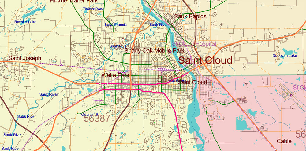 Minnesota State US PDF Vector Map: Full Extra High Detailed (all roads, zipcodes, airports) + Admin Areas editable Adobe PDF in layers
