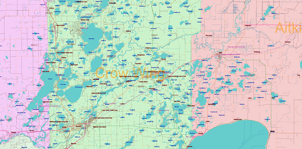 Minnesota State US PDF Vector Map: Full Extra High Detailed (all roads, zipcodes, airports) + Admin Areas editable Adobe PDF in layers