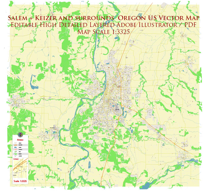 Salem + Keizer Oregon US PDF Vector Map: High Detailed editable Adobe PDF in layers