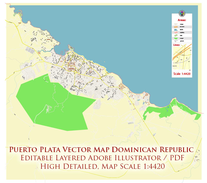 Puerto Plata Rep. Dominicana PDF Vector Map: High Detailed editable Adobe PDF in layers