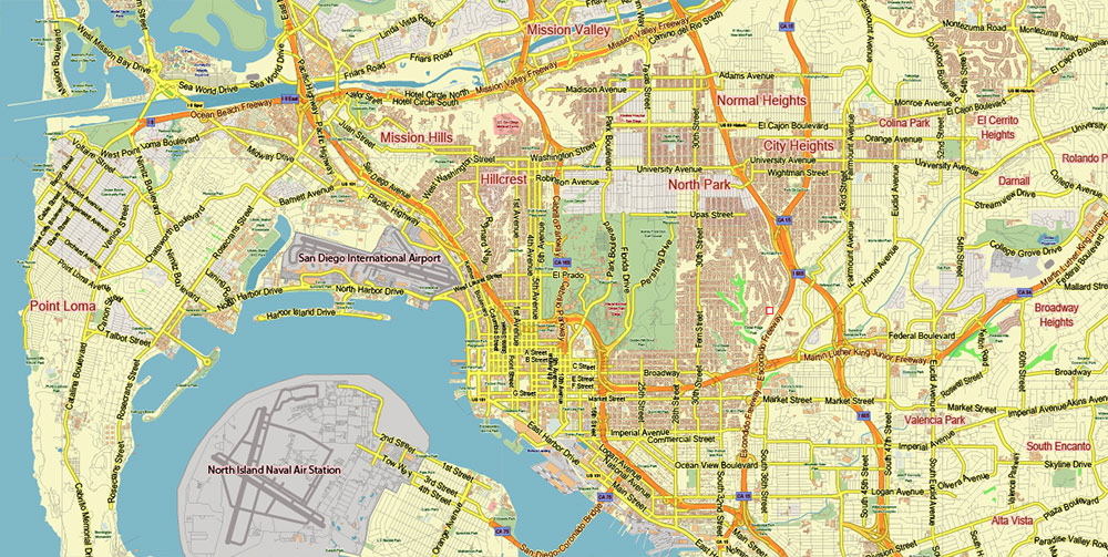 San Diego California US PDF Vector Map: Detailed editable Adobe PDF in layers