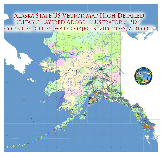 Alaska State US Map Vector Exact Roads Plan High Detailed Street Map + Counties + Zipcodes editable Adobe Illustrator in layers
